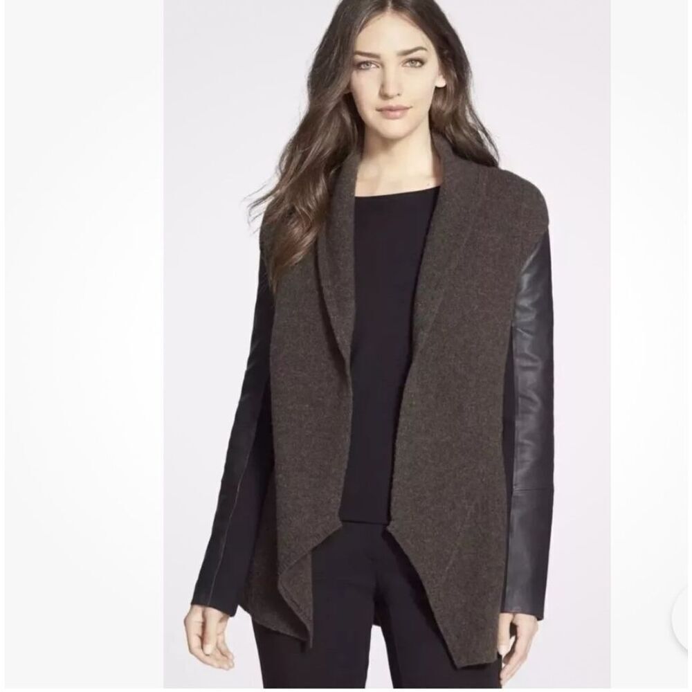 Eileen Fisher PEAT Leather Sleeve Merino Lambswool Shawl Jacket SZ M
